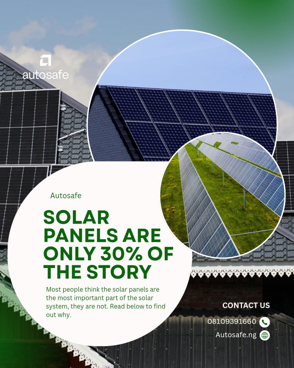 autosafe_ng's tweet photo. Why Solar Panels Are Only 30% of the Story

Most people think solar panels are the most important part of a solar system.

They're not.

A solar system is only as strong as the components working behind the scenes:

🔋 Batteries – Store energy for use when the sun goes down.
⚡ Inverters – Convert solar power into electricity your appliances can use.
🎛️ Charge Controllers – Protect batteries and improve system efficiency.
📐 System Design – Ensures the right balance between power generation and consumption.
🛠️ Installation Quality – Even premium equipment performs poorly when installed incorrectly.

The difference between a system that lasts 3 years and one that lasts 10+ years is rarely the panels alone.

A great solar solution isn't about buying panels—it's about building the right system.

📩 Talk to Autosafe for a solar setup designed for performance, reliability, and long-term value.

#SolarEnergy #SmartPower #Autosafe