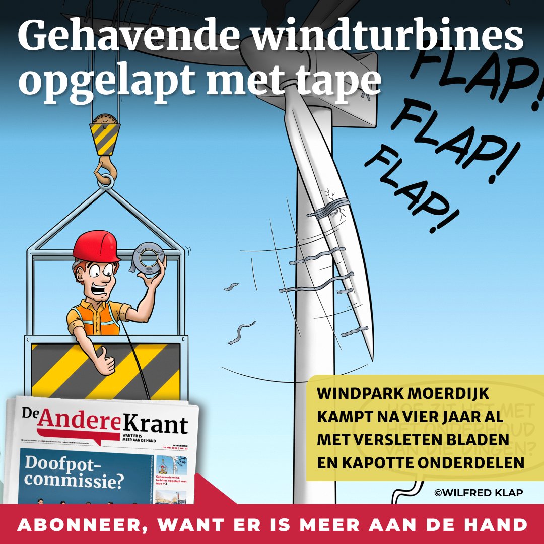 AndereKrant's tweet photo. Ze staan er nog maar vier jaar en vertonen nu al mankementen: zeven Nordex windturbines van het windpark Moerdijk, installaties met een tiphoogte van 180 meter. Nadat vorig jaar de sterk versleten rotorbladen, elk 65 meter lang en ruim 15 ton zwaar, moesten worden gerepareerd, werden recent ook onderdelen in de gondels op de mast vervangen. Energiespecialist Mark Reijnders volgde het allemaal op de voet en deed eind januari een melding van hevige geluidsoverlast door een van de turbines. Het lawaai bleek te worden veroorzaakt door een los stuk tape waarmee een van de bladen was ‘gerepareerd’. Volgens Reijnders blijkt hieruit dat windturbines kwetsbaarder zijn dan mag worden verwacht: “Als het met een stukje tape aan elkaar hangt, hoe betrouwbaar is windenergie dan op de lange termijn?”

Lees het premium artikel: https://t.co/YBa6LTcfpj