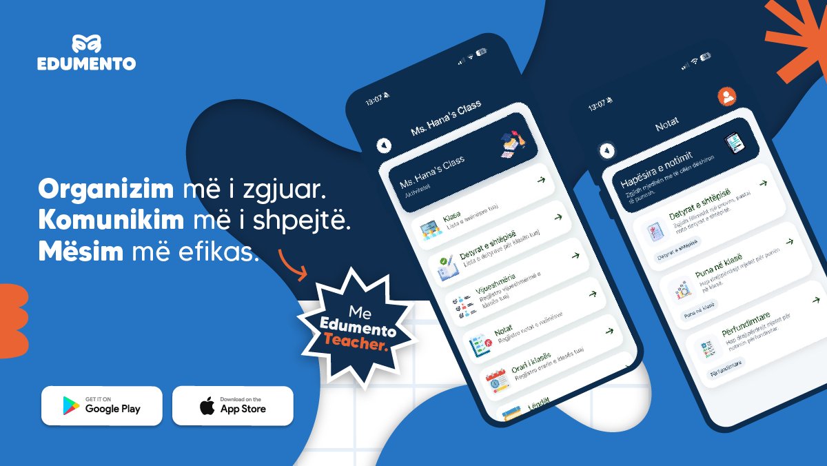 EdumentoApps's tweet photo. Organizim më i mirë. Komunikim më i shpejtë. Mësim më efikas. 📚

Me Edumento Teacher, mësuesit menaxhojnë klasat, detyrat, njoftimet dhe aktivitetet në një vend të vetëm.

#Edumento #EdumentoTeacher #MësimDigjital #TeknologjiNëArsim #TeacherTech https://t.co/3VvZ5YSPPc
