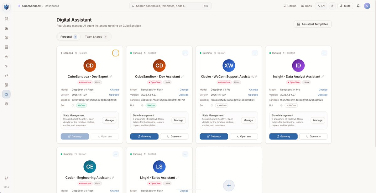 tencentcloud's tweet photo. Your AI agent just nuked its own sandbox? Cool — blink, and it's back to the moment before things went sideways.

A month ago Tencent Cloud open-sourced Cube Sandbox, a microVM-isolated runtime for AI agents. Today's update lands the trio we're most excited about: snapshot, clone, rollback — essentially a time machine and a clone trick for your agent.

Checkpoint when the sandbox is healthy, let the agent do whatever, rollback to rewind on failure, or clone to fan out dozens of fully-isolated copies in seconds. Sub-100 ms rollback, dozens of clones in seconds. Same sandbox_id — the agent just keeps going.

Shipping alongside it: a "Lobster" WebUI that turns checkpoint timelines, time-travel, and one-to-many cloning into a few mouse clicks.

Coming next: built-in high-performance content-aware network control and credential vaulting — so you don't just isolate where the agent runs, you control what it can reach.

E2B-compatible. Self-hostable on a normal CVM. ⭐ if it helps. https://t.co/HmybbCtZbh