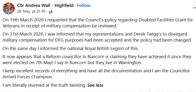 reformexposed's tweet photo. Reform UK in Runcorn have been trying to claim the work of Councillor Andrea Wall (Labour) as their on a Disabled Facilities Grant for Veterans in receipt of military compensation.

The policy change happened after she raised it in March 2026, long before the Local Elections and there is full evidence to prove this.

Reform UK have form for claiming others' homework.