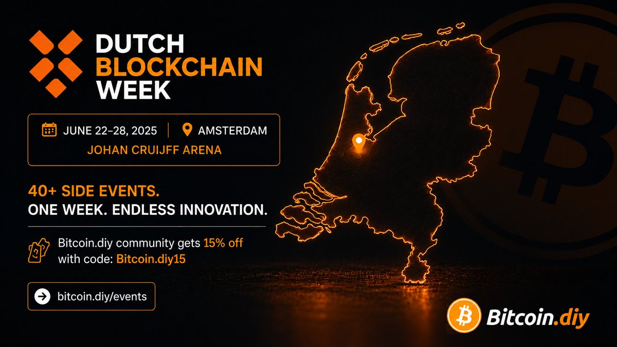 Bitcoindiy's tweet photo. 👇👇
We've added Dutch Blockchain Week to our events calendar! 📅

June 22–28 in Amsterdam. A week packed with 40+ blockchain and Web3 side events at Johan Cruijff ArenA.

https://t.co/TU0xpA8gFq community gets 15% off with code: Bitcoin.diy15

Check it out 👇
https://t.co/Q7X0BBnZB7

@DutchBlockWeek @BCNLfoundation @LTCFoundation @cruijffarena

#DutchBlockchainWeek #Web3 #Blockchain #Bitcoin #Amsterdam