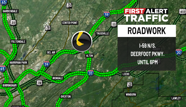 DestinyM_TV's tweet photo. First Alert:
There is a construction project on I-59 N/S. at Deerfoot Pkwy. until 6pm. @WBRCnews @WBRCtraffic #wbrctraffic https://t.co/wS9ofd6vAY