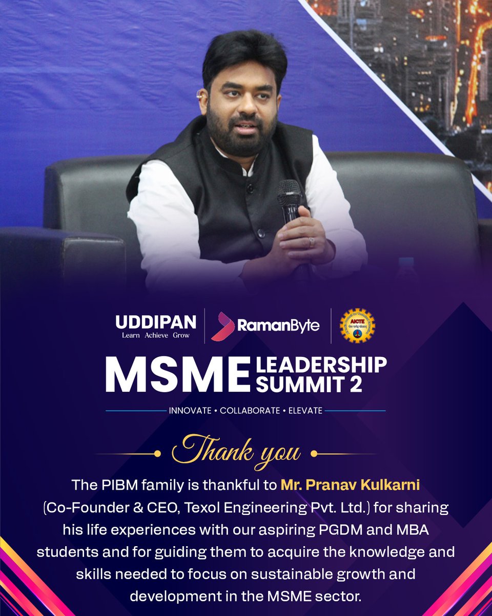 ramanbyte's tweet photo. At PIBM Pune’s MSME Leadership Summit 2.0, Mr. Pranav Kulkarni shared insights on entrepreneurship, innovation, and sustainable business growth, inspiring MBA &amp; PGDM students to build adaptable enterprises through continuous learning.
@RamanPreet_PIBM Sir
#PIBMPune #MSME #Uddipan https://t.co/KxbaG3kNID