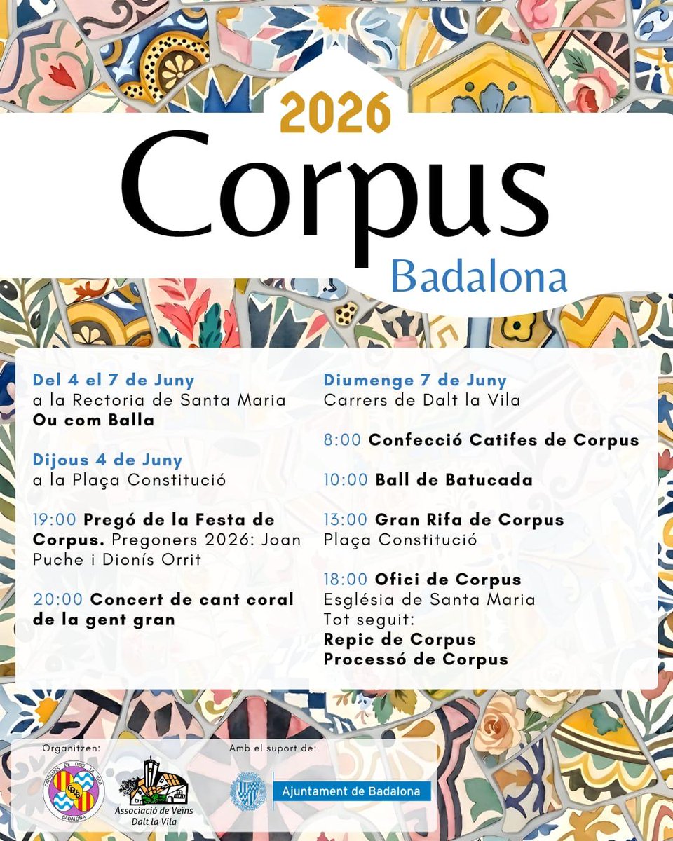 Totbadalona's tweet photo. Des d’avui, dijous, i fins diumenge, els carrers de Dalt la Vila acolliran diverses activitats relacionades amb el Corpus. Els carrers s’engalanaran amb les habituals catifes.

#Badalona https://t.co/TlC2yRJrBx