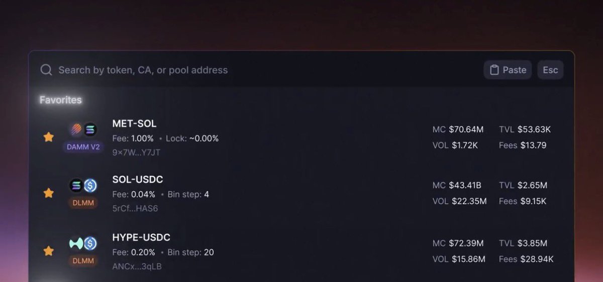 Jaypee_Sol's tweet photo. A new UI upgrade just got shipped on @MeteoraAG and it’s a game changer for Solana LPs. 

Universal Search now combines EVERY pool type into one powerful bar including ✅recent searches, 
✅favorites, 
✅live token market cap data.

New Discover page has fresh tabs for RWA pools, Favorites and all pools. So you can filter by token and favorite positions in seconds.

Everything keeps getting smoother and faster as the innovation keeps on coming to make LPing great.

Just use Meteora.