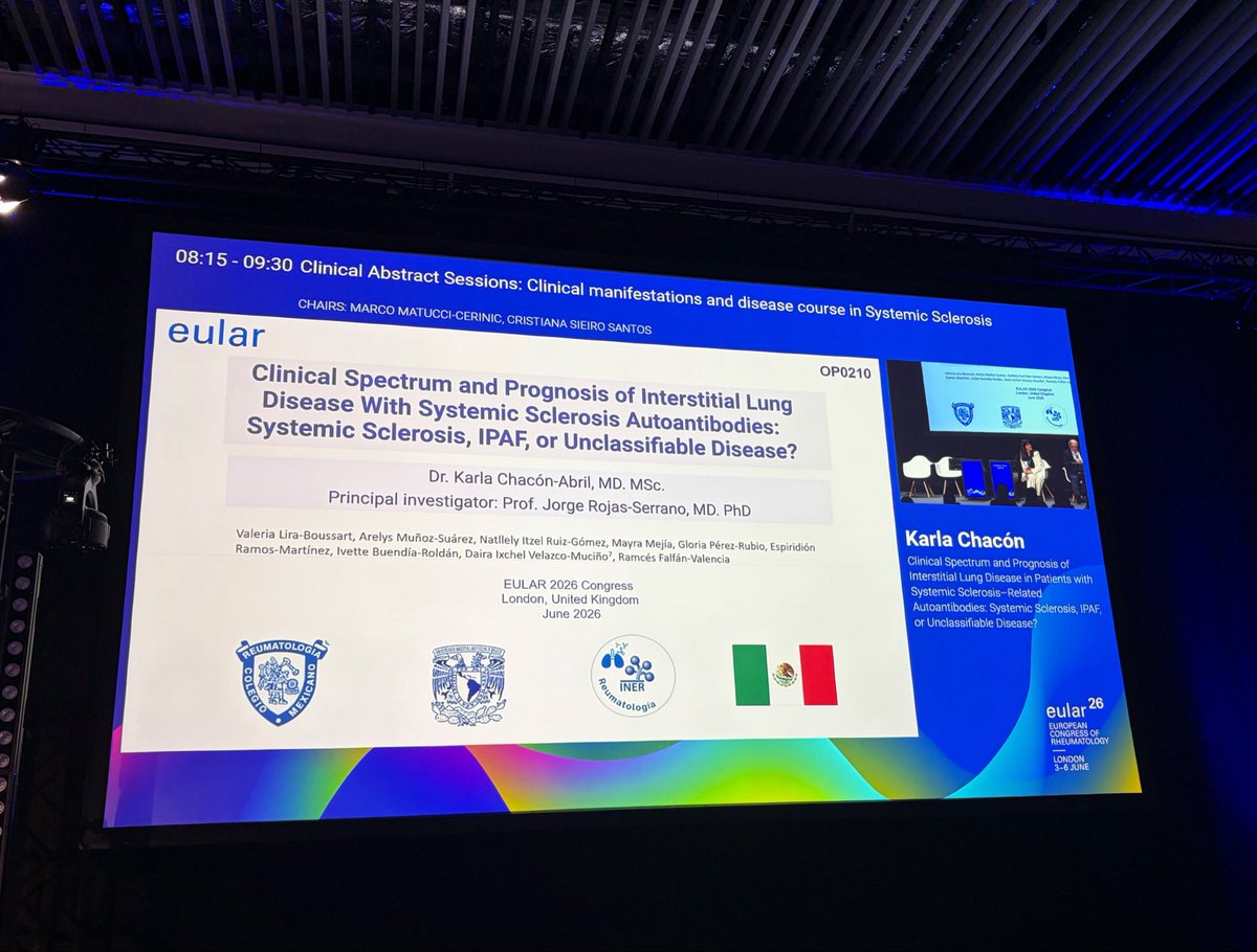 karlita_chacon_'s tweet photo. Presented today at #EULAR2026 🇬🇧

Patients with ILD and SSc-associated autoantibodies showed similar tomographic patterns and prognosis across SSc, IPAF, and unclassifiable disease — suggesting these entities may belong to the same autoimmune ILD spectrum 🫁

#ILD #SSC https://t.co/Zhyyng0Z7M