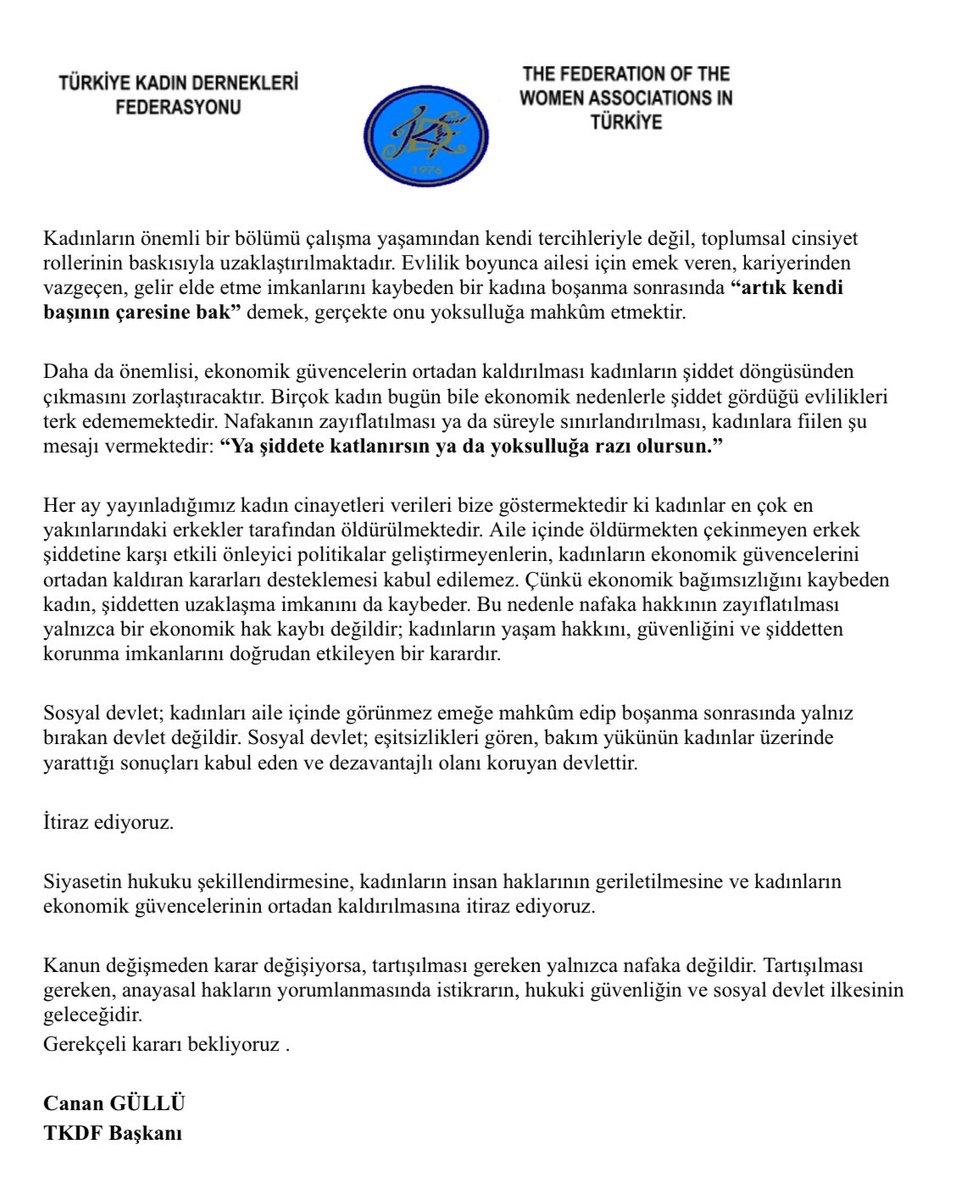 tkdfederasyon's tweet photo. Nafaka tartışmasının merkezinde erkeklerin mağduriyeti değil, boşanma sonrası yoksullaşan kadınların yaşam hakkı ve ekonomik güvenliği bulunmaktadır.

Kanun değişmeden karar değişiyorsa, tartışılması gereken yalnızca nafaka değildir. Tartışılması gereken; hukuki güvenliğin, öngörülebilirliğin ve sosyal devlet ilkesinin geleceğidir.