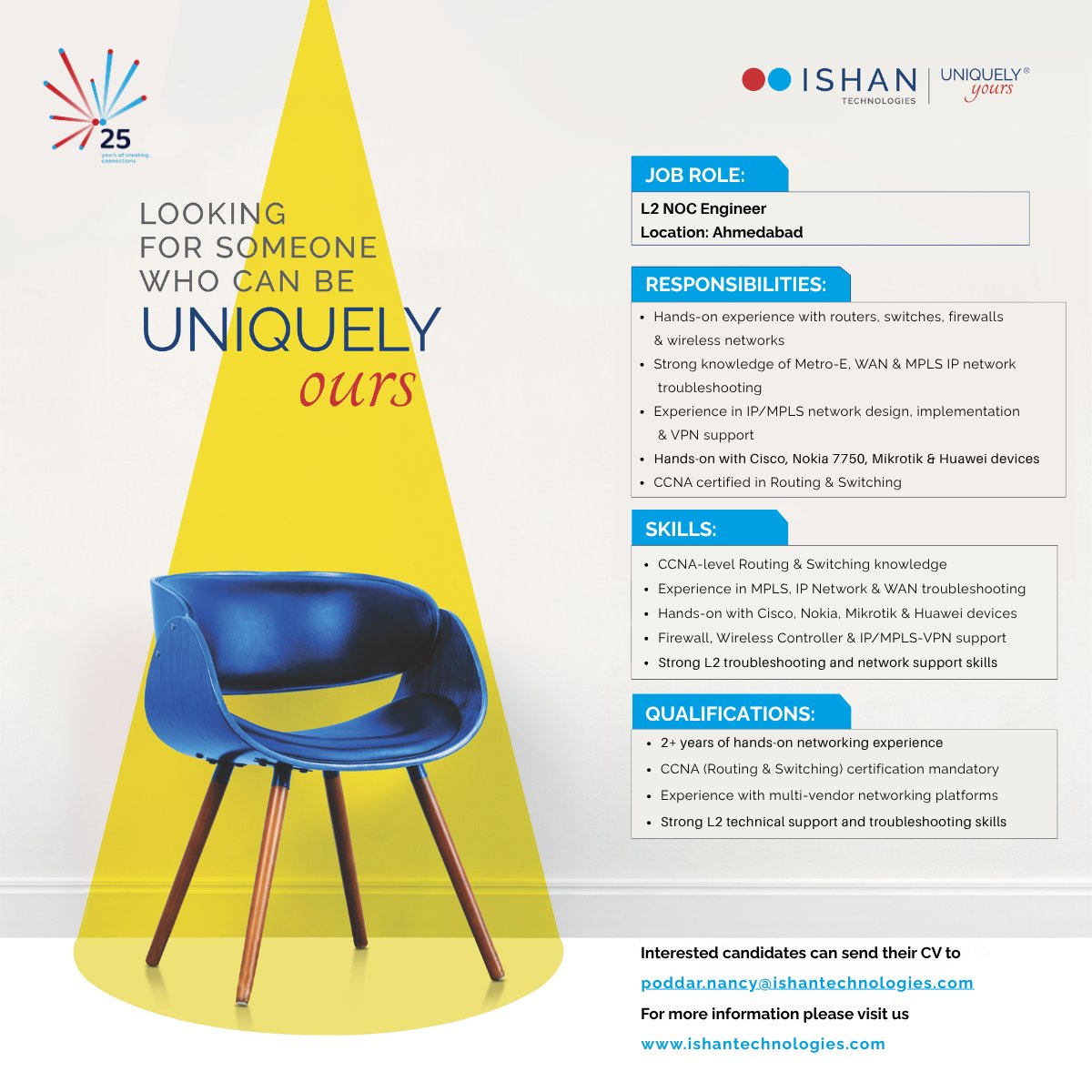 ishanitech's tweet photo. We are hiring!
We're looking for an L2 NOC Engineer in Ahmedabad with expertise in Routing &amp; Switching, MPLS/IP networks, WAN troubleshooting, &amp; multi-vendor networking environments.
If you have hands-on experience solving complex network challenges, we'd love to hear from you. https://t.co/0jyMiL6hBS