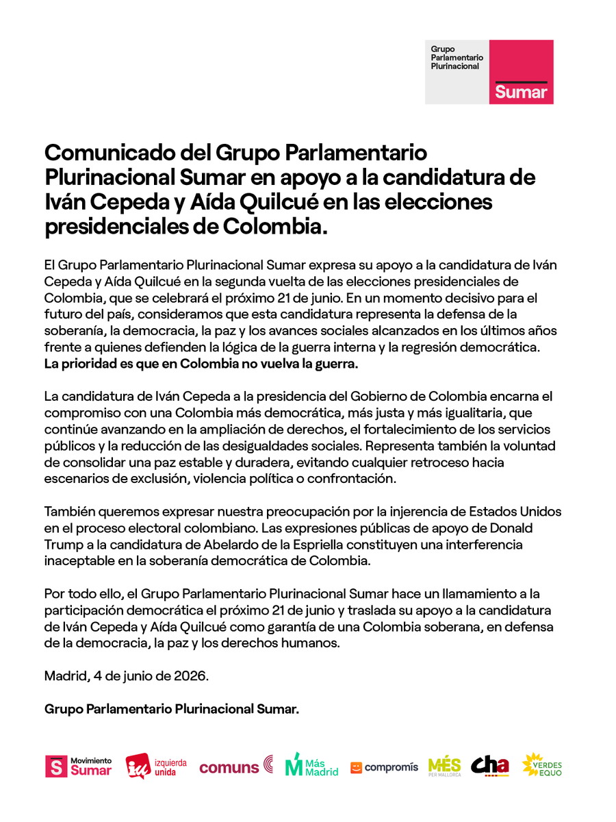 IzquierdaUnida's tweet photo. Izquierda Unida impulsa en el Grupo Plurinacional Sumar el firme apoyo a la candidatura de Iván Cepeda y Aída Quilcué en las elecciones presidenciales.

Por una Colombia soberana, democrática y en paz frente a las continuas injerencias de Trump y la amenaza de la extrema derecha. https://t.co/g4gYvAWn9L