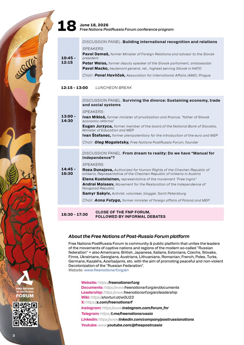 freenationsrf's tweet photo. Agenda (public part) of upcoming Free Nations #PostRussia Forum, - Can post-Russia states learn from #Czechoslovakia´s „Velvet divorce “?🇨🇿🇸🇰: Lessons learned for peaceful dissolution of the #Russian empire on June 17-18 in #Bratislava🎯
Among (new for #FNPF) speakers from #Slovakia🇸🇰 there will be👇
- Ivan Mikloš, former minister of privatization and finance, “father of Slovak economic reforms”
- Peter Weiss, former deputy speaker of the Slovak parliament, ambassador
- Pavol Macko, lieutenant general, ret., highest serving Slovak in #NATO💪
- Pavol Demeš, former Minister of Foreign Relations and advisor to the Slovak president
- Eugen Jurzyca, former member of the board of the National Bank of Slovakia, Minister of Education and MEP 🇪🇺
- Ivan Štefanec, former plenipotentiary for the introduction of the euro and MEP
- Zora Bútorová, sociologist, IPA/Comenius University
- Péter Hunčík, former advisor to President Havel, politician, Hungarian🇭🇺 minority

#MakeMoscoviaSmallAgain ✌️
#DecolonizationRF
#MoscoviaDelendaEst 🔥