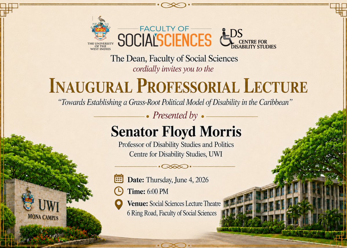 floydmorrisja's tweet photo. This is the day that the Lord hath made, let us rejoice and be glad in it. Indeed, today is the day that I will deliver my inaugural professorial lecture at the Faculty of Social Sciences Lecture Theatre, UWI. The focus of my presentation will be on developing a grass-root political model of disability in the Caribbean and by extension, the wider world. It is 20 years since the United Nations Convention on the Rights of Persons with Disabilities (CRPD) have been established. I have had the opportunity of leading Jamaica's negotiation for this global treaty and currently serving as one of the 18 elected experts on the Committee on the Rights of Persons with Disabilities, charged with monitoring the implementation of the CRPD. I therefore have a unique vantage point and perspective to look at the progress that has been made and what are the major challenges for the implementation of this treaty. The lack of consistent participation of persons with disabilities in the decision making processes of their societies is a major issue. It is my view, that with the estimated 1.3 billion persons with disabilities across the world, when conflated with their family members, can become a major power broker and determine the balance of power in their countries. Come and hear how this can happen. Persons with disabilities are no longer objects of charity, we are rights holders and our vote matters.