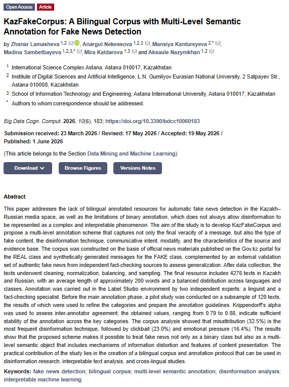 BDCC_MDPI's tweet photo. ๐ Recommended Reading #TextMining #FakeNews #MachineLearning
๐ KazFakeCorpus: A Bilingual Corpus with Multi-Level Semantic Annotation for Fake News Detection
https://t.co/od3qQb2lhd
#ArtificialIntelligence #DataScience @ComSciMath_Mdpi https://t.co/b6BHsX21Rx