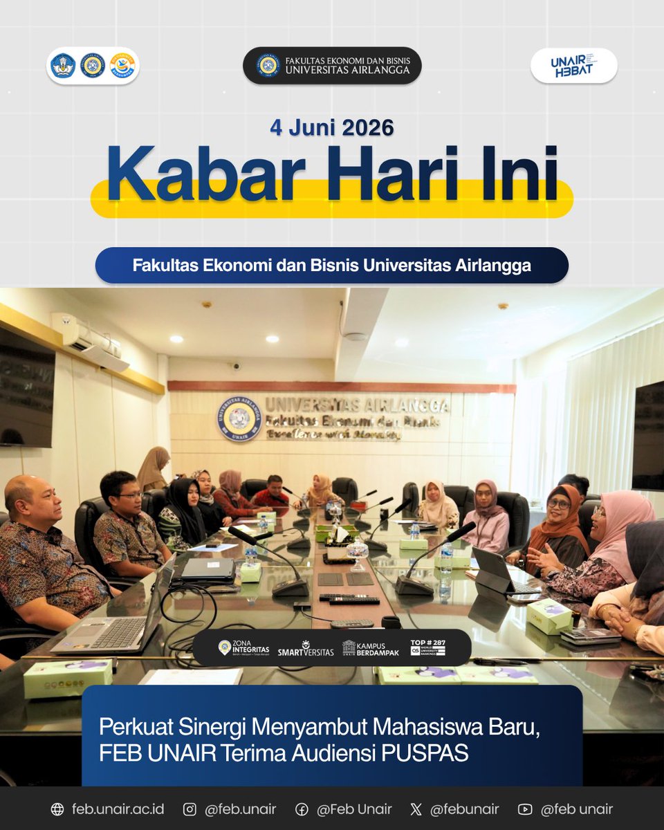 febunair's tweet photo. FEB UNAIR menerima kunjungan audiensi dari Pusat Pengembangan Dana Sosial (PUSPAS) Universitas Airlangga dalam rangka sosialisasi dan silaturahmi terkait program yang melibatkan orang tua mahasiswa baru, (4/6/2026). https://t.co/UospJc6dU4