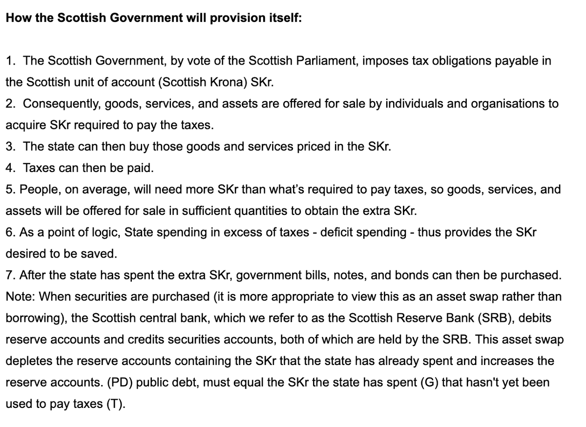 Williamgallus's tweet photo. A short section from our #MMT draft paper with @wbmosler. We thought it would be useful as a short summary of the 'provisioning process' for an independent Scotland using its own currency. My choice to opt for Scottish Krona as the currency name! Is it as simple as this? Yes. https://t.co/kzoRJ40K4g