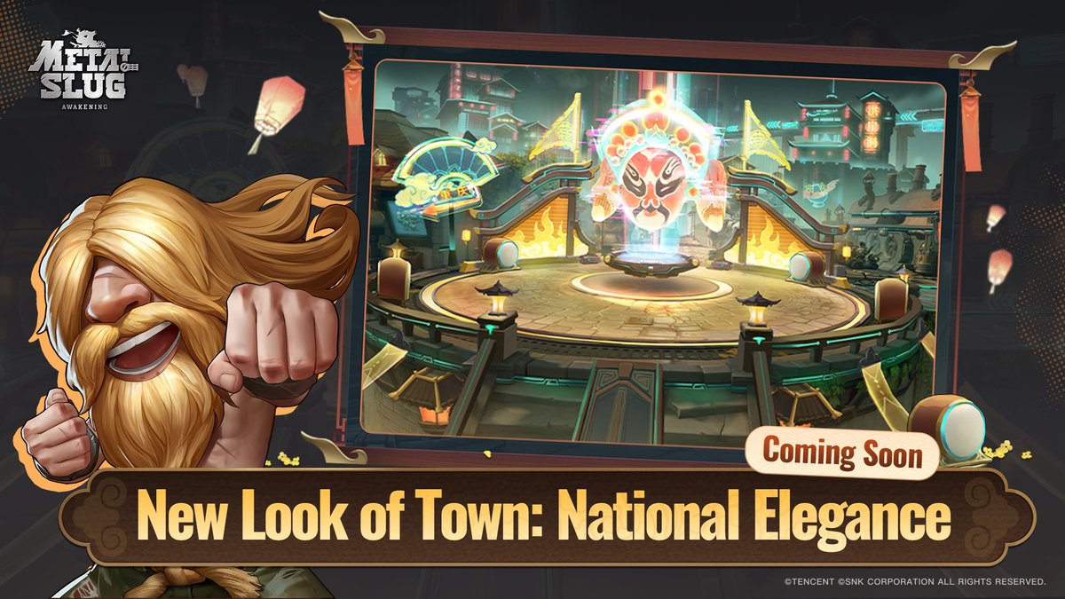 MetalSlugAwaken's tweet photo. Djinn Wish: Town “National Elegance”

Metal Slug Mission Start!

The brand-new Town “National Elegance” is coming soon to the Metal Slug Continent! Let’s take a look at the event details below～

◆ Event Period:
Jun 6 (Sat) – Jun 12 (Fri)

◆ Unlock Requirement:
Commander Level 20

◆ Event Details:
The brand-new Town “National Elegance” will be available for a limited time

During the event, use Wish Voucher on the [Shop] – [Djinn Wish] page to draw for rewards. You’ll have a chance to obtain the corresponding Town Skin, Legendary Weapon Fragments, Ruby Pickaxes, and other growth materials!