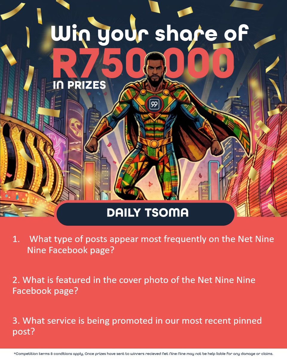NetNineNine's tweet photo. We are back with another Tsoma competition! Another chance for you to win one of our epic prizes from our R750 000 giveaway.

Answer the questions in the comments section and stand a chance to win exciting prizes.

To enter, make sure you follow our page, like this post, share this post and drop your answers in the comments below.

Your win is one answer away!
https://t.co/mTfEd34WWK

#Net99
#DailyTsoma
#car_nival
#net99carnival