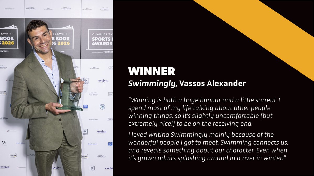 sportsbookaward's tweet photo. Congratulations to @VassosA, WINNER of the Sports Entertainment Book of the Year, in association with @LoveReadinguk, for his book 'Swimmingly'.

From Bournemouth beach to San Francisco Bay, Alexander rides the current of an obsession with wild swimming in this infectious ode to the restorative power of the open water. It will leave you with a renewed sense of connection to the world, and perhaps even inspire you to dive into your nearest lake, river or sea with gleeful abandon.

@BloomsburyBooks  #ReadingForSport