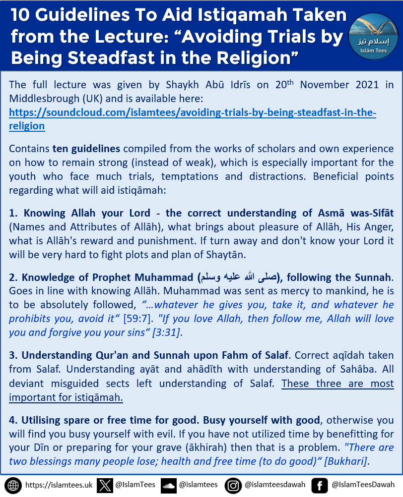 IslamTees's tweet photo. 10 Guidelines to Aid Istiqamah, taken from the lecture "Avoiding Trials by being Steadfast in the Religion".

#guidelines #istiqamah #steadfast #religion #islam

You can listen to the lecture here:
https://t.co/VM2vgkt2Py https://t.co/EVWnRF9lla
