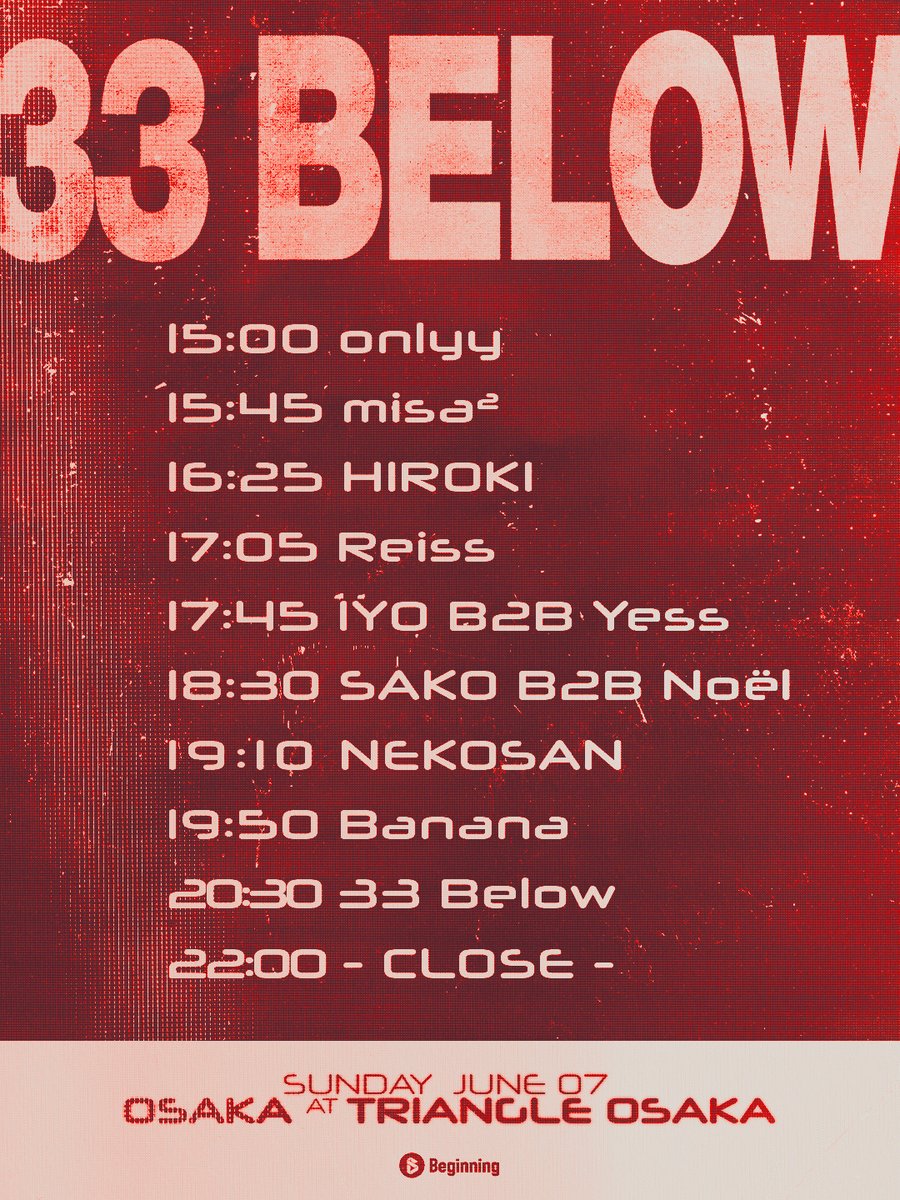 beginningtokyo's tweet photo. 🔥今週末！タイムテーブル公開🔥
🇳🇿33 Below Japan Shows 2026🇯🇵
🗓️東京 6/6㈯ 23:00~@CIRCUSTOKYO
🗓️大阪 6/7㈰ 15:00~@triangleosaka

UKGの今を鳴らす33 Belowの初来日公演は東京が今週土曜ナイト、大阪が日曜デイ✨
彼の90分セット&amp;サポート陣もお見逃しなく！

🎟️前売券
https://t.co/XEjKtXgaIw https://t.co/WircU5roUi