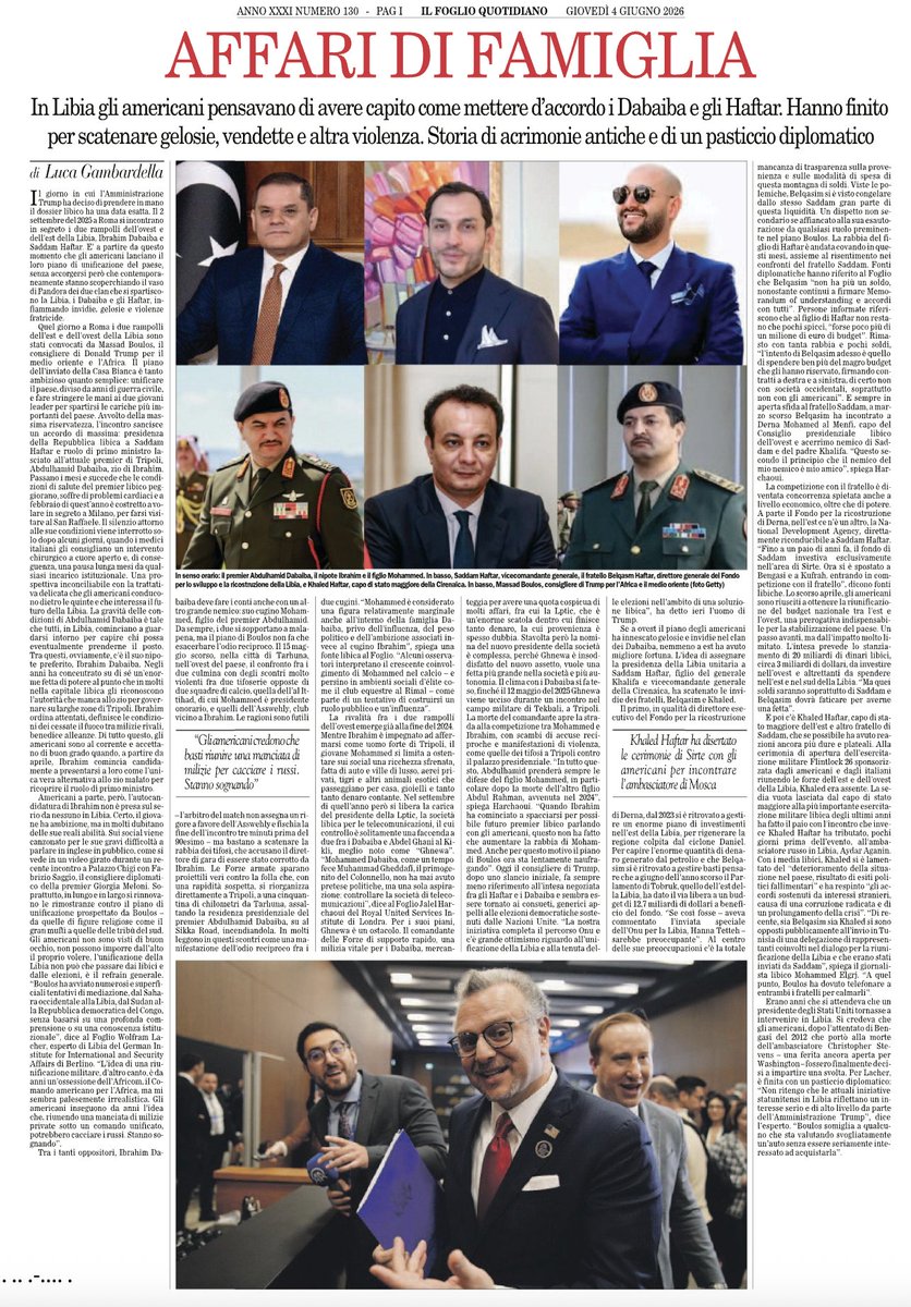 GambLuca's tweet photo. Faide, gelosie, vendette. Il piano degli americani per unificare l'est e l'ovest della Libia ha finito invece per scoperchiare un vaso di Pandora tra i clan dei Dabaiba e degli Haftar. Storia di un pasticcio diplomatico, oggi su @ilfoglio_it https://t.co/WZC2U2xlCF https://t.co/YvJD6EPGIk