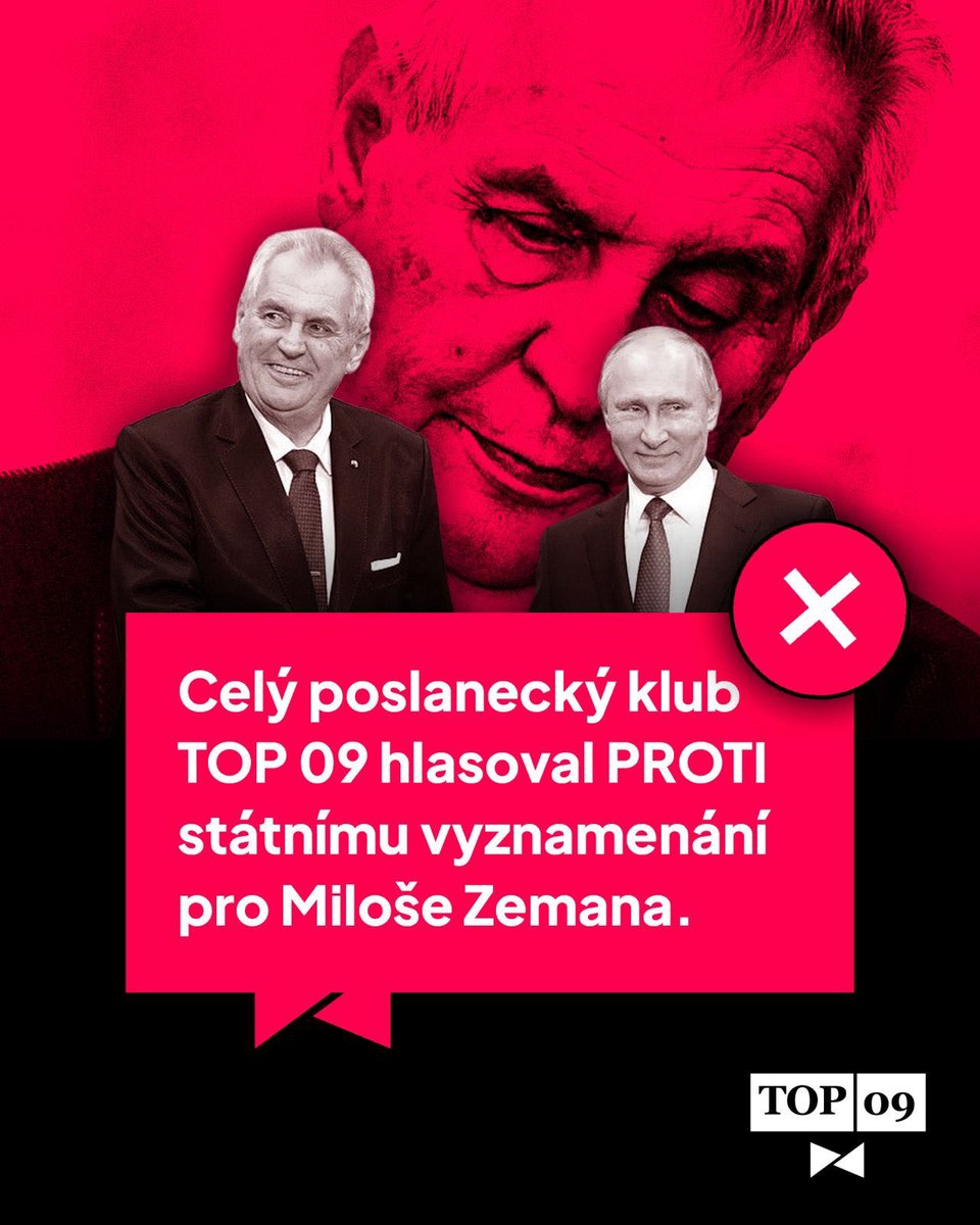 Jan_Jakob's tweet photo. Jako předseda poslaneckého klubu TOP 09 jsem rád, že jsme v tom měli jasno a hlasovali jako jeden muž a žena proti vyznamenání Miloše Zemana. 

Považuji ho za nejhoršího prezidenta v historii České republiky. https://t.co/6jWx2qd2ps