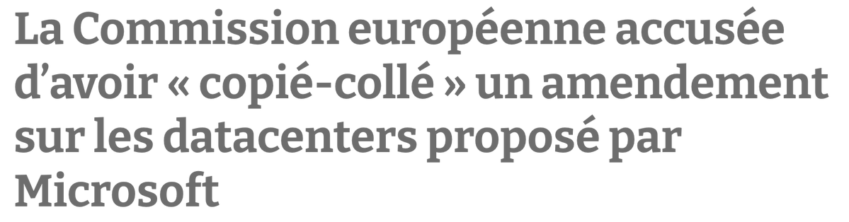 SouveraineTech's tweet photo. "35 députés européens verts et socialistes (MEPs) accusent la Commission européenne d’avoir « copié-collé » presque mot pour mot un amendement proposé par Microsoft dans le projet de règles sur la transparence environnementale des datacenters, pour empêcher la publication publique des données d’émissions et de consommation énergétique par site."

[ Si d'aventure vous aviez succombé au nouveau "narratif" à la mode : l'Union européenne montre les dents et reprend la main sur ses dépendances technologiques. On dirait bien que ça repousse vite. ]

Cc @platombe @C_MorinDesailly @v_joron 
https://t.co/v3OzXuMvBn