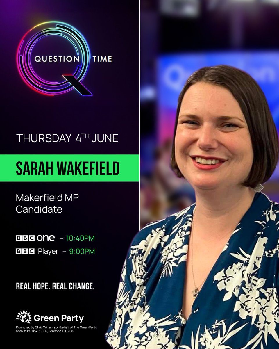 TheGreenParty's tweet photo. ⏰Don't miss Green Makerfield MP candidate Sarah Wakefield on BBC Question Time tonight.
💻 BBC News Channel at 9pm
📺 BBC One at 10.40pm https://t.co/Mtw3PwOzzo