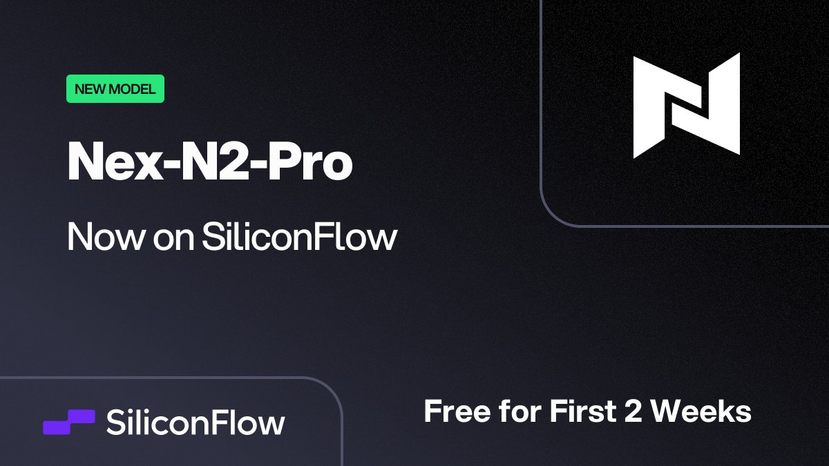 SiliconFlowAI's tweet photo. Post-training is having a moment — Nex-N2-Pro from neolab @NexEcosystem proves it.
Built on Qwen3.5-397B-A17B, delivers GPT-5.5 and Claude Opus 4.7–level performance.

🎉 T+0 Support on SiliconFlow · Free for First 2 Weeks
N2-Pro: 397B MoE / Reasoning Model / 262K context / VLM

→ Auto-adjusts reasoning depth, 30–50% fewer thinking tokens, no performance trade-off
→ SOTA performance on Terminal Bench 2.1, GDPVal, SWE-Verified
→ Excels at agentic coding, deep search, tool use
→ Plug-and-play with Claude Code, Cursor, OpenClaw, etc.

Try it on SiliconFlow ⬇️