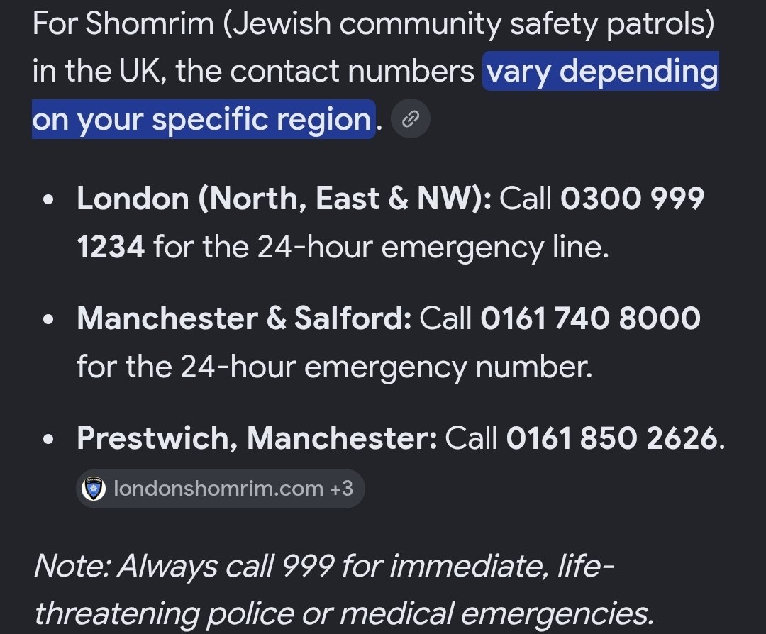doctor_rahmeh's tweet photo. @SkyNews @LisaatSky Thanks for confirming that 'you don't have to be jewish to call' shomrim.

For those who don't know, their numbers are:

London (North, East, and NW): 0300 999 1234 (24-hour hotline).

Manchester &amp; Salford: 0161 740 8000 (24-hour hotline).

Prestwich: 0161 850 2626. https://t.co/Z8T96BrvjJ