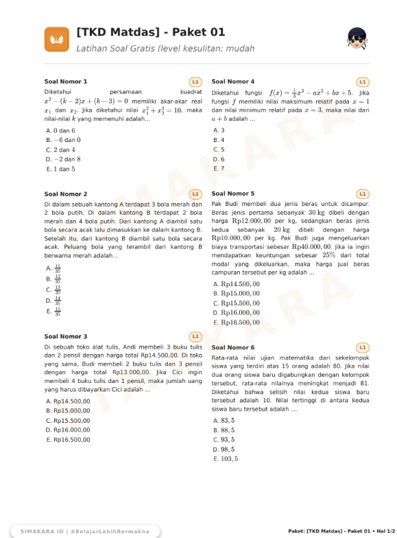 advocaite's tweet photo. latihan soal ujian mandiri
TKD Matdas - Paket 01 
🧠level kesulitan: mudah

soal pembahasan:
https://t.co/ze2It5Am1Z

boleh bantu rt yaa temen-temen
Informasi Belajar Lainnya:
> channel snbt: https://t.co/iIa34jADbY https://t.co/S0k8vWnzuS