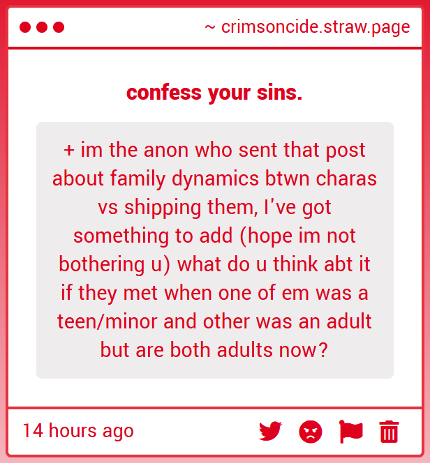 crimsoncide's tweet photo. people have developed a habit of mistaking personal interpretation for objective reality. a large age gap, mentorship, or emotional closeness does not automatically make two characters family. you are free to interpret them that way, but do not act as though your view is canon. https://t.co/9sNZFS8NRh