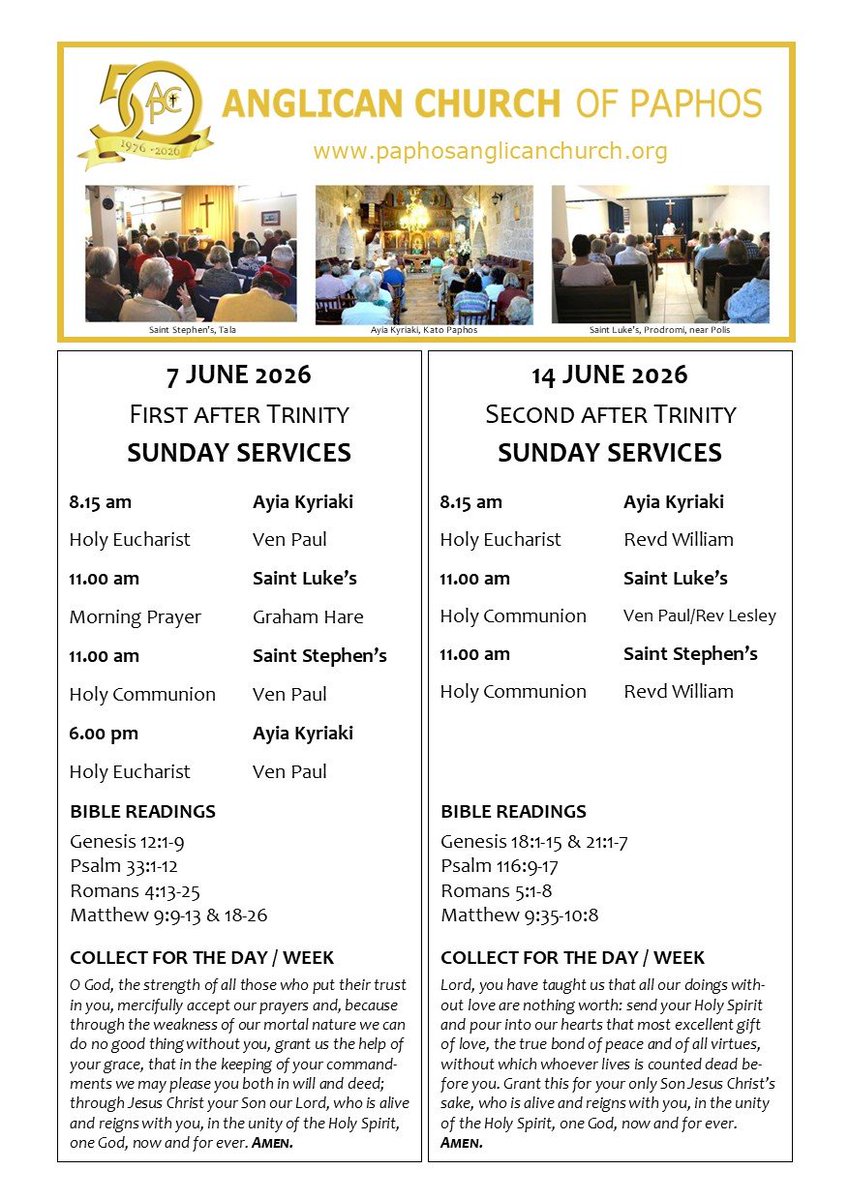 revPACman's tweet photo. These are the services taking place in the #Anglican Church of #Paphos #Cyprus on Sunday 7 June 2026. If you are local, or visiting, do come and say hello - it would be great to meet you! The weekly notice sheet can be found here https://t.co/ffJZ7UiU26 https://t.co/SpOS1L56Ud
