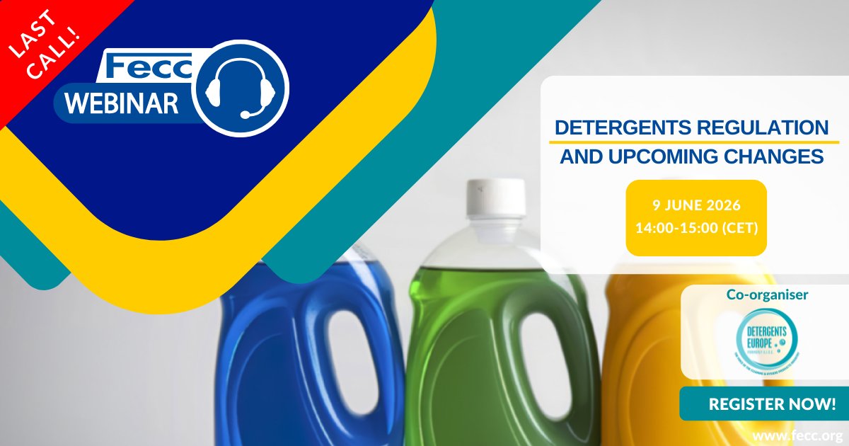 FeccEurope's tweet photo. 🚨FINAL CALL!
💻Fecc Webinar: Detergents Regulation and upcoming changes
🤝Detergents Europe (formerly A.I.S.E.) @AISEdetergents
📅 09 June 2026 | 14:00-15:00 CET
⚠ Open to Fecc members &amp; members of Fecc National Associations

📲 More info &amp; registration: https://t.co/WOXOdy8JZm https://t.co/T984gBBT4S