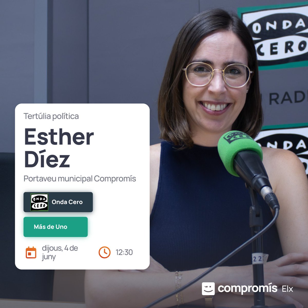 CompromisElx's tweet photo. 🗣️ Continuem el matí de tertúlia política en @OndaCeroElche amb la nostra portaveu municipal @estherdiez_elx.

👉🏽 Parlem de les reivindicacions de la comunitat educativa i altres temes d'actualitat.

ℹ️ A partir de les 12:30 hores en https://t.co/vBJ6wNKU83 https://t.co/e6Lwbpm8vN
