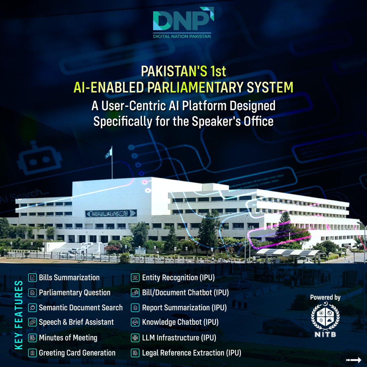 NationalITBoard's tweet photo. HISTORIC MILESTONE! 
Powered by #NITB, Pakistan's First #AI-Enabled #ParliamentarySystem has been inaugurated at the #NationalAssembly under PM #ShehbazSharif's #DigitalNationPakistan Vision, by Speaker #SardarAyazSadiq, ensuring smart, transparent, and #digitalgovernance. https://t.co/lRdKqJXHMd