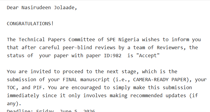 thejolaade's tweet photo. I am thrilled to share that two of my research papers have been officially ACCEPTED by the Society of Petroleum Engineers (SPE) Nigeria Technical Papers Committee! https://t.co/7yD4ZILbqX