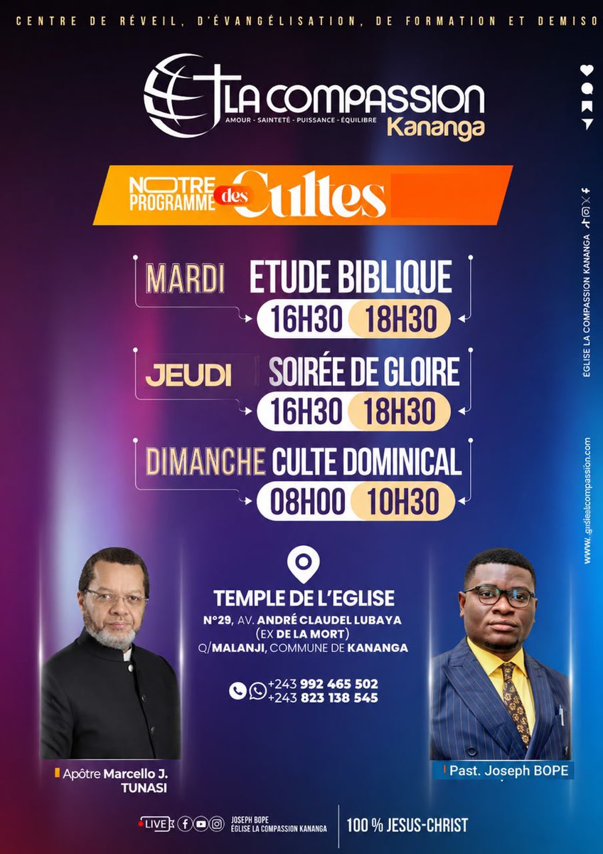 MarcelloTunasi's tweet photo. Deux nouvelles extensions de l’Église La Compassion à Paris et à Kananga ! Soyez chaleureusement les bienvenus dans cette grande famille de foi. Que Dieu vous bénisse abondamment. ❤️
#extensions #paris #lacompassion #kananga #pasteurmarcellotunasi https://t.co/I0P6a5GuqY