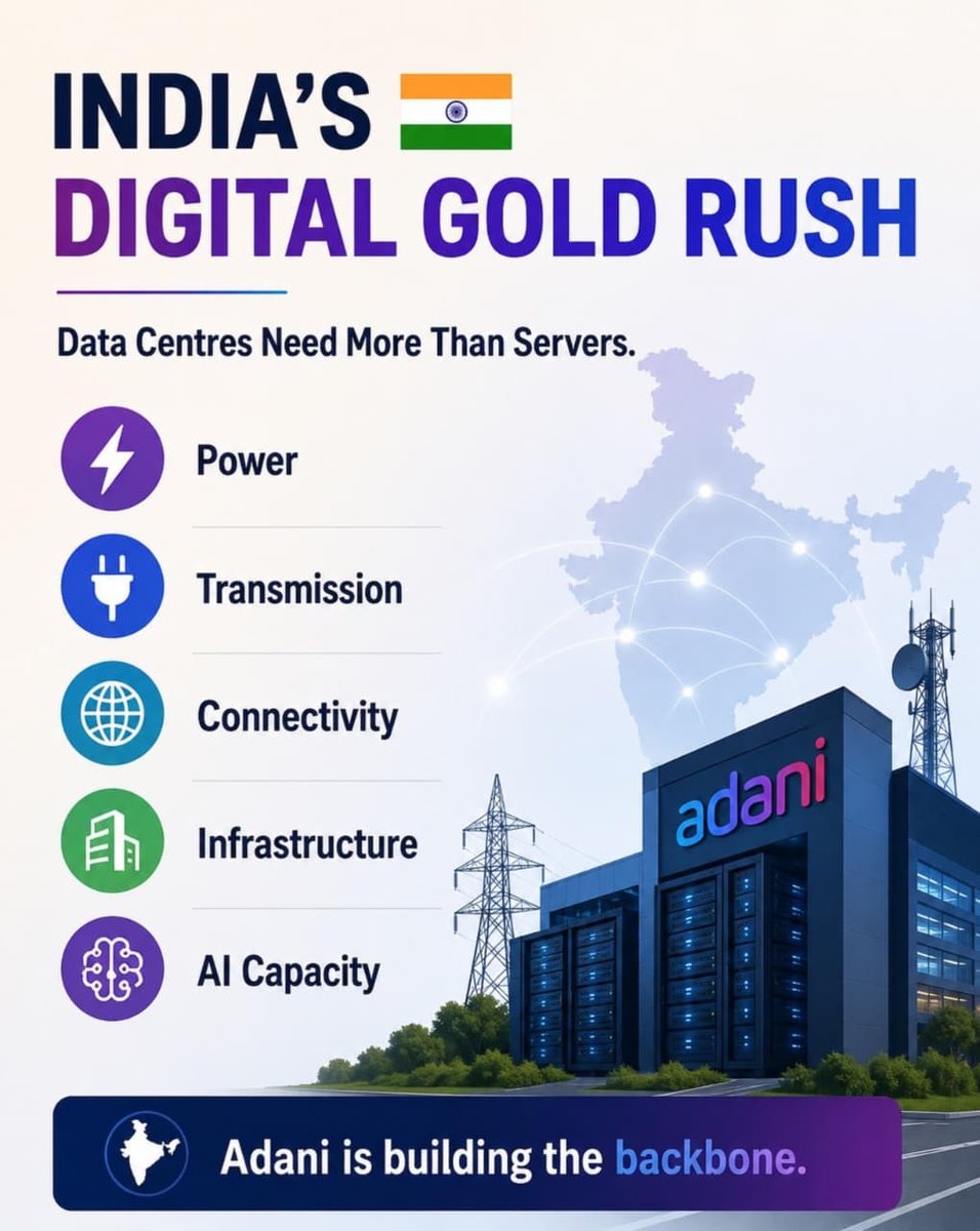 Subh567__'s tweet photo. Adani's Infrastructure Ecosystem Aligns with India's Digital Ambitions 

As India emerges as a major destination for data centres and AI investments, the supporting infrastructure becomes increasingly important.

From power and transmission to logistics and connectivity, Adani is building capabilities that can help power the country's digital future.