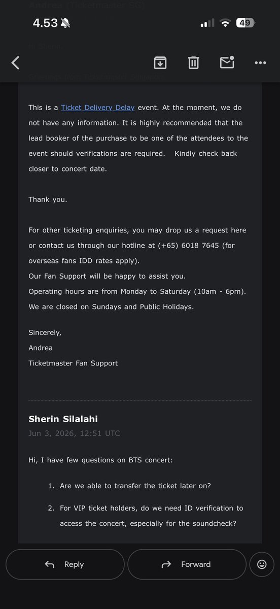 outroline's tweet photo. Important information on BTS Arirang Singapore concert!!

Due to the delay delivery ticket method, @Ticketmaster AREN’T able to confirm yet if the ticket is transferable. For VIP tickets, they advised the lead booker to also attend should any verification are required! #BTSinSG https://t.co/YTmeDzdHPj