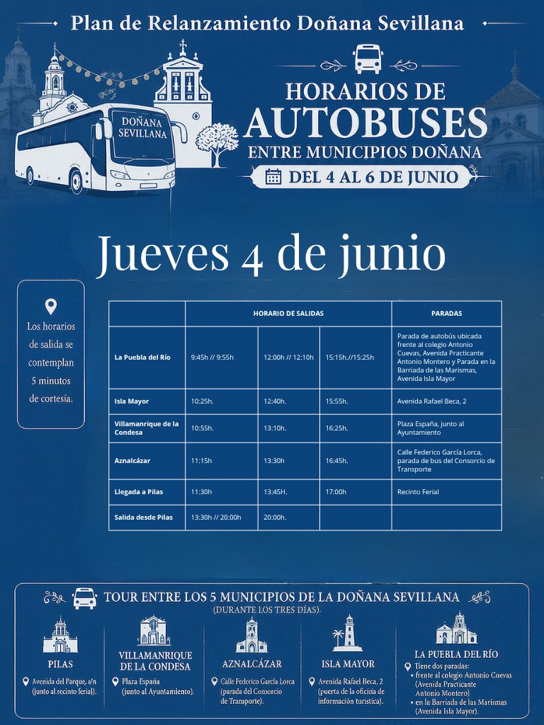 Sevilla_Turismo's tweet photo. Del 4 al 6 de junio te esperamos en el Recinto Ferial de Pilas para vivir "Doñana Aventura y Tradición". Disfruta de excursiones, 

🚌 Hemos activado un servicio especial de autobuses que conecta nuestros 5 municipios. ➡️

 #PSTD-DoñanaSevillana https://t.co/3VFTw8u9j7
