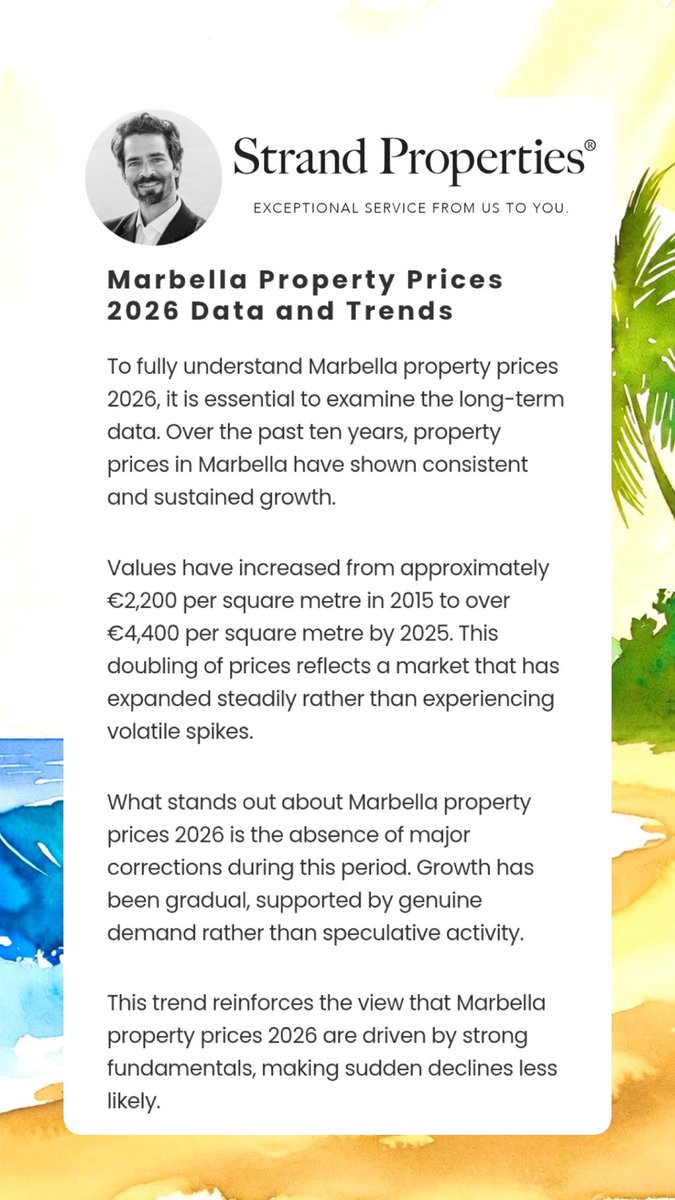 emile_issa's tweet photo. #Marbella Property #Prices 2026:

Av. Prices doubled over 10 years from ~€2,200/m² in 2015 to over €4,400/m² in 2025. 

Steady growth, no major corrections, 

Driven by real international demand, the recent arrival of Ultra-Luxury Branded Residences and strong fundamentals. https://t.co/PFQyv2avUe