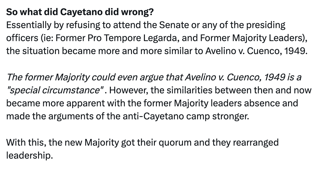 CollabS12PBB's tweet photo. So tama pala yung analyis ko kahapon na ang reason why Avelino v Cuenco, 1949 was so much relevant than issue of quorum is because of Former SP CAYETANO's DOING.

Functionally, Former SP Cayetano paralyzed the Senate. 

And per the Integrated Bar of The Philippines: 
"The Avelino doctrine emphasizes a practical approach: The Constitution should be interpreted in a way to allow the Senate to function, not be blocked by the absence of members"

So since Former SP Cayetano's insistence of being absent and not allocating a presiding officer made the Avelino case stronger and more relevant.