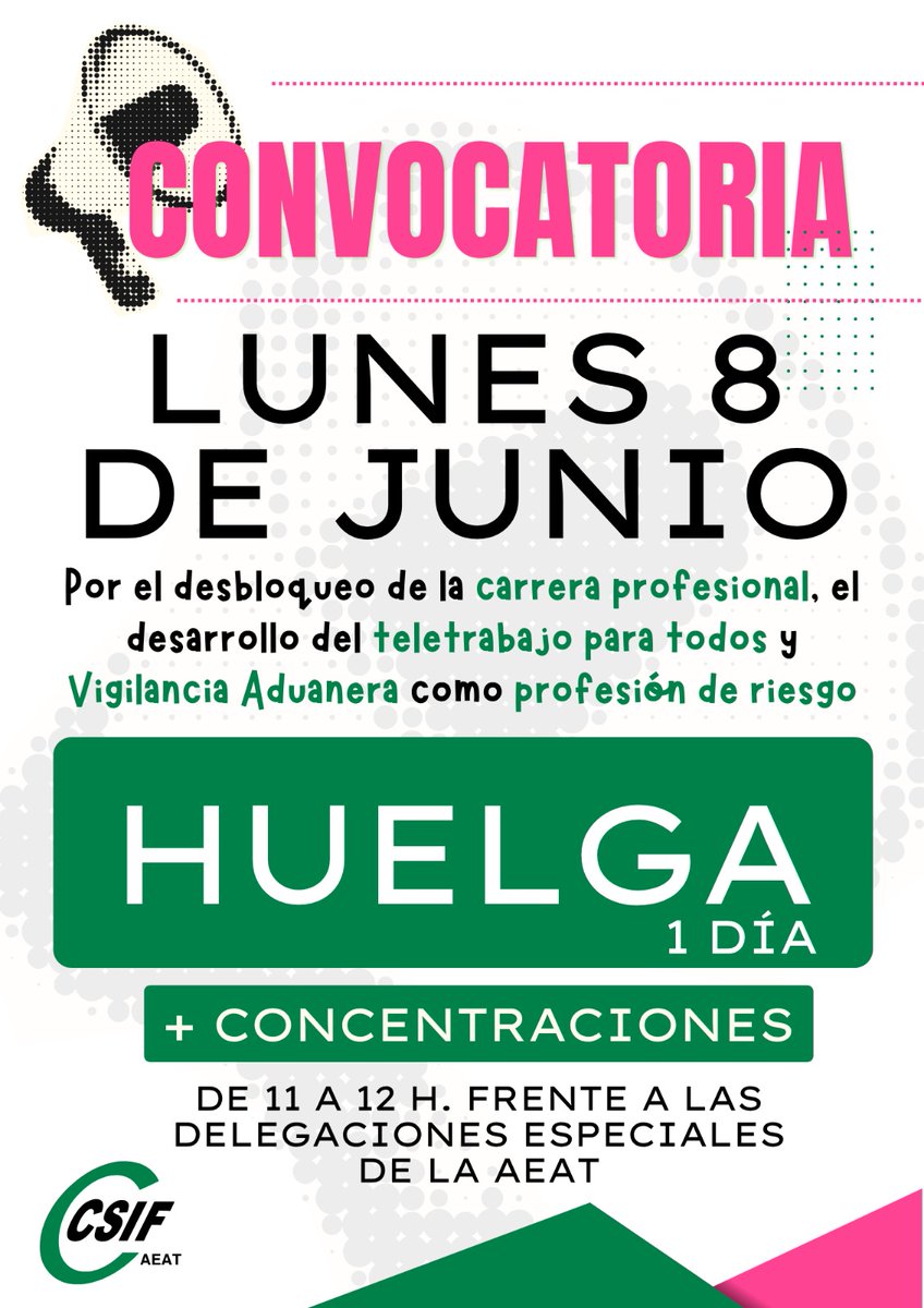 CSIFAEAT's tweet photo. Este lunes 8 de junio, ¡HUELGA en la #AEAT! ✊ Paramos por el desbloqueo de la carrera profesional, teletrabajo para todos y Vigilancia Aduanera como profesión de riesgo.

⏰ Concentraciones de 11 a 12 H frente a las Delegaciones Especiales. ¡Vaciamos las oficinas! 👇

#Huelga8J https://t.co/9fImDq9Qvf