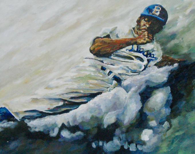 Jimfrombaseball's tweet photo. "Jackie Robinson created the greatest havoc on third base.
He would move off the base almost casually with those small, measured steps, looking first at the pitcher, then at the plate, then back at the pitcher, sending a silent message that he was there to make trouble.
Then he would start that maddening dance, a half-skip, half-hop that screamed at the pitcher.
Often, he would take off, starting down the line at full speed, intent, it seemed, on stealing home.
And then, at the last instant, he’d slam on the brakes.
Or else he’d keep coming.
It was a dazzling, daunting style, a style designed to intimidate, a style that left opponents and teammates transfixed."
"Jackie Robinson."
Art by Bob Mueller.
Jackie Robinson stole 197 bases in his career, made 31 attempts at stealing home and beat the pitch 19 times in his career.