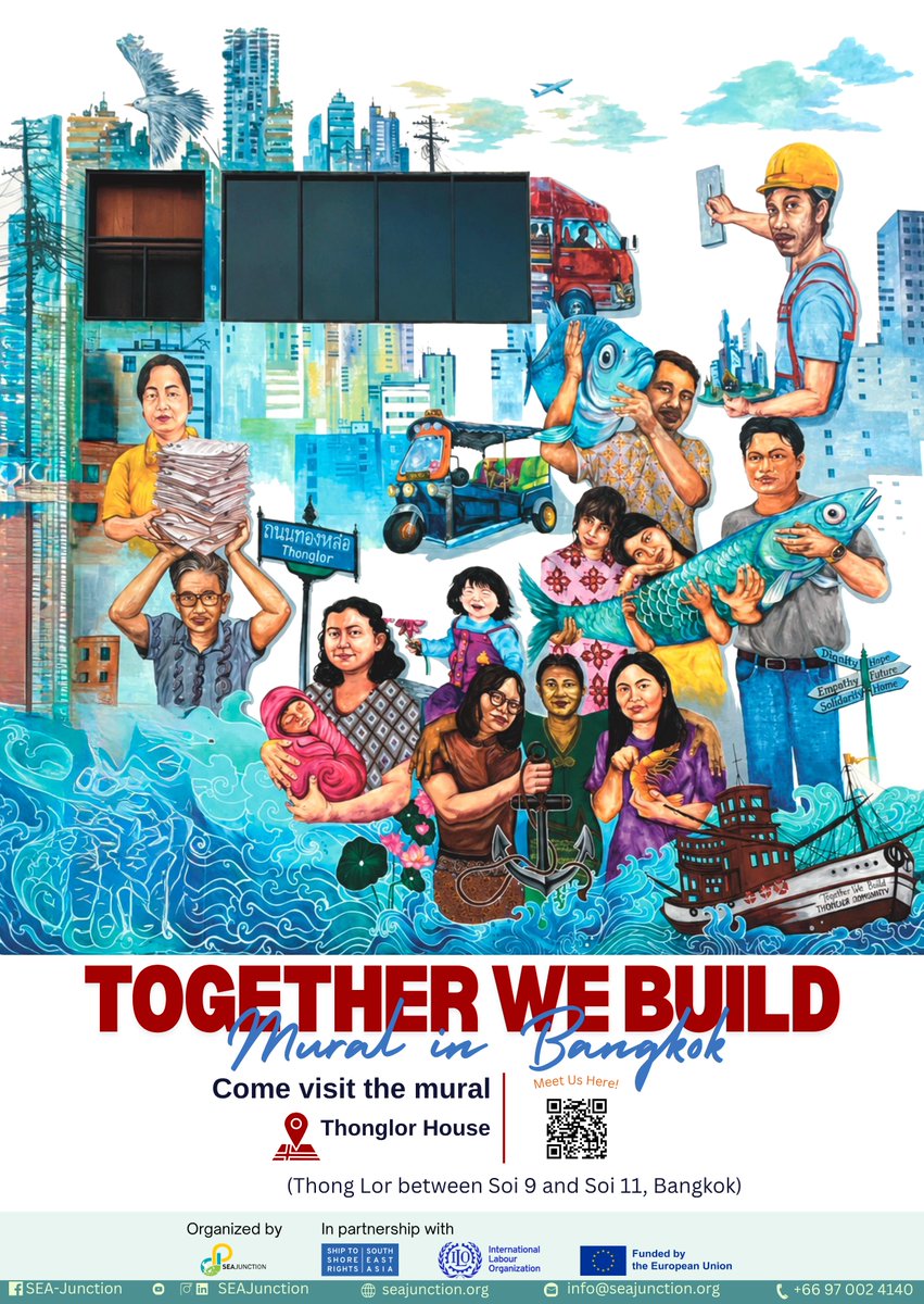 SEAJunction's tweet photo. 🎨 *Together We Build / เคียงข้าง ร่วมสร้าง* is now on view in Thonglor.
📍 Thong Lo (between Soi 9 and Soi 11), Bangkok
Please use **#TogetherWeBuildMural** when posting so we can see and share photos of your visit!
#SEAJunction #CollectiveMural #PublicArt #Migration https://t.co/mPqR5gPRaN