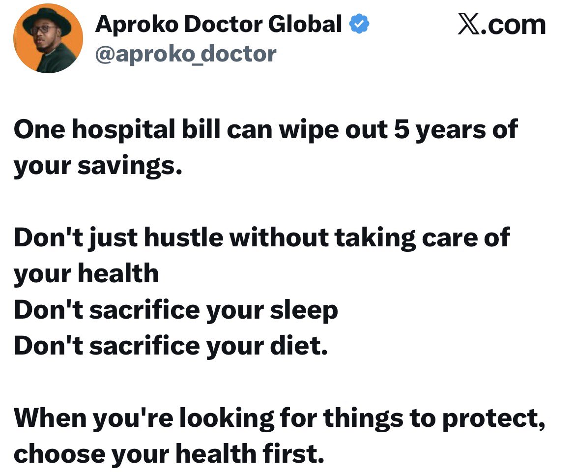instablog9ja's tweet photo. “One hospital bill can erase 5 years of savings. Protect your health first.” — Aproko Doctor advices https://t.co/VHKFShAB0j