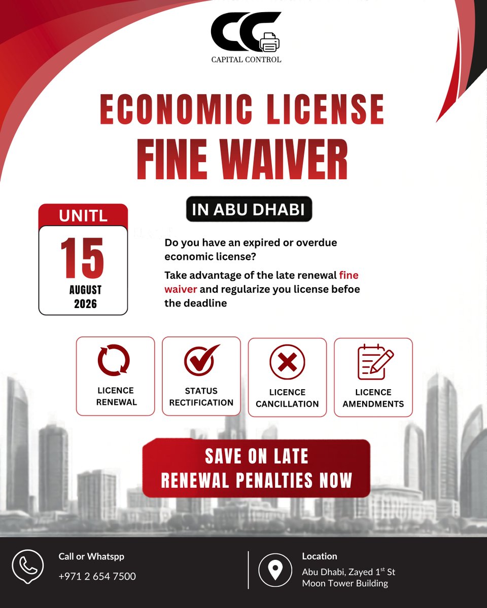 capitalcontrol_'s tweet photo. 🚨 Economic License Fine Waiver in Abu Dhabi

Do you have an expired or overdue economic license?

Take advantage of the Late Renewal Fine Waiver until 15 August 2026 and regularize your license before the deadline.

#AbuDhabi #EconomicLicense #LicenseRenewal #BusinessServices https://t.co/jBZUJlTlqF