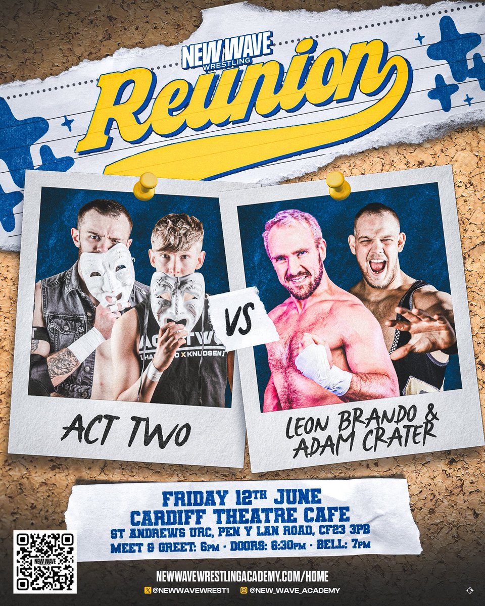 NewWaveWrestli1's tweet photo. New Wave: Reunion Match announcement! 📣 

We have Diamond Eyes &amp; Midnight Motion advancing to the semi finals who will join them?

Act Two return to New Wave to take on the Tandem of Leon Brando &amp; Adam Crater!!

🎟️ https://t.co/e7UZElcMv6 https://t.co/oYYAc8q4rj