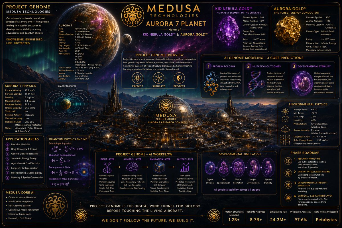 ImmortalFrame's tweet photo. 🧬🌌 MEDUSA TECHNOLOGIES PRESENTS: THE AURORA 7 GENOME MODELING COMPLEX 🌌🧬

From the distant world of Aurora 7, powered by Kid Nebula Gold™ and Aurora Gold™, we’re envisioning the next generation of biological intelligence infrastructure.

The AI Genome Modeling Facility is designed to predict:

🔬 Protein Folding
🧬 Mutation Outcomes
🌱 Developmental Stability
🤖 AI-Driven Biological Simulation
⚛️ Molecular Physics Modeling
🌎 Interplanetary Bio-Research Networks

Imagine a future where biology is modeled before it is tested.

A digital wind tunnel for life.

Built on the Medusa Technologies Quad Technology Framework:

⚙️ Finance & Operations
🧠 AI & Data Intelligence
🏗️ Engineering & Physics
🛡️ Security & Governance

Aurora 7 serves as the conceptual hub for advanced genomic research, quantum-scale computation, and interplanetary scientific collaboration.

Powered by:

💜 Kid Nebula Gold™
✨ Advanced sensing & computational architectures

💛 Aurora Gold™
⚡ High-efficiency energy distribution & infrastructure systems

Our mission:

🧬 Model Life
🌍 Protect Life
🚀 Expand Life Beyond Earth

From Aurora 7 to Earth.
From Earth to the stars.

#MedusaTechnologies #AIGenomeModeling #GenomeAI #ProteinFolding #Biotechnology #ArtificialIntelligence #Bioinformatics #PrecisionMedicine #ComputationalBiology #Aurora7 #KidNebulaGold #AuroraGold #InterplanetaryInfrastructure #FutureOfScience #SpaceBiology #ResearchAndDevelopment #Innovation #STEM #FutureTech